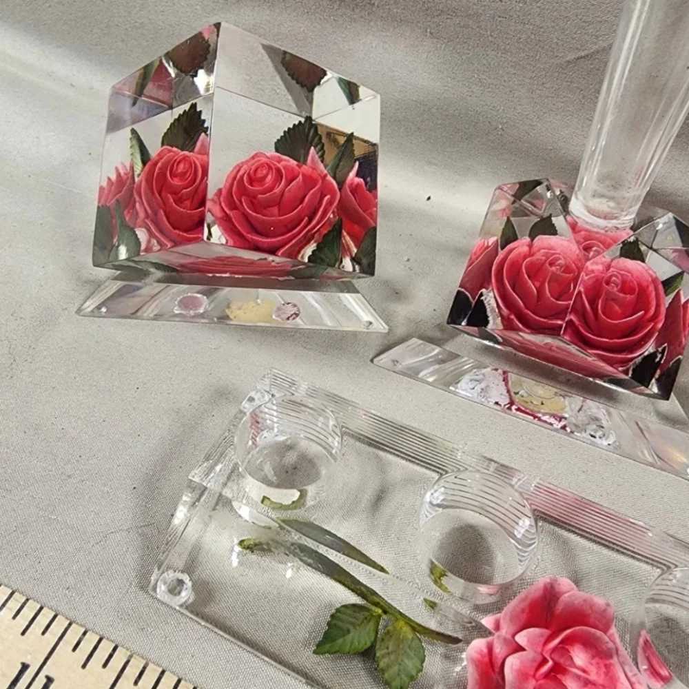 Vintage Bircraft Lucite/Rose Dresser Set Vase Lipstick Pen Holders Paperweight